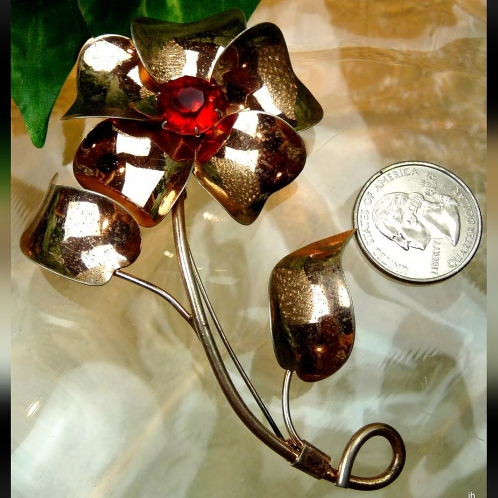 STERLING BY JORDON SIGNED 3 7/8" GOLD ON 925 SILVER RED GLASS FLOWER PIN BROOCH